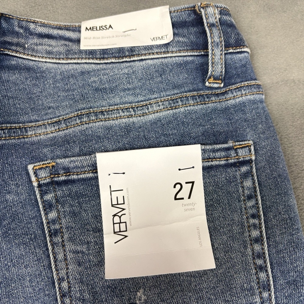 NEW VERVET Melissa Mid Rise Straight Jeans Size 27 Raw Hem Stretch Medium Wash - Picture 5 of 11